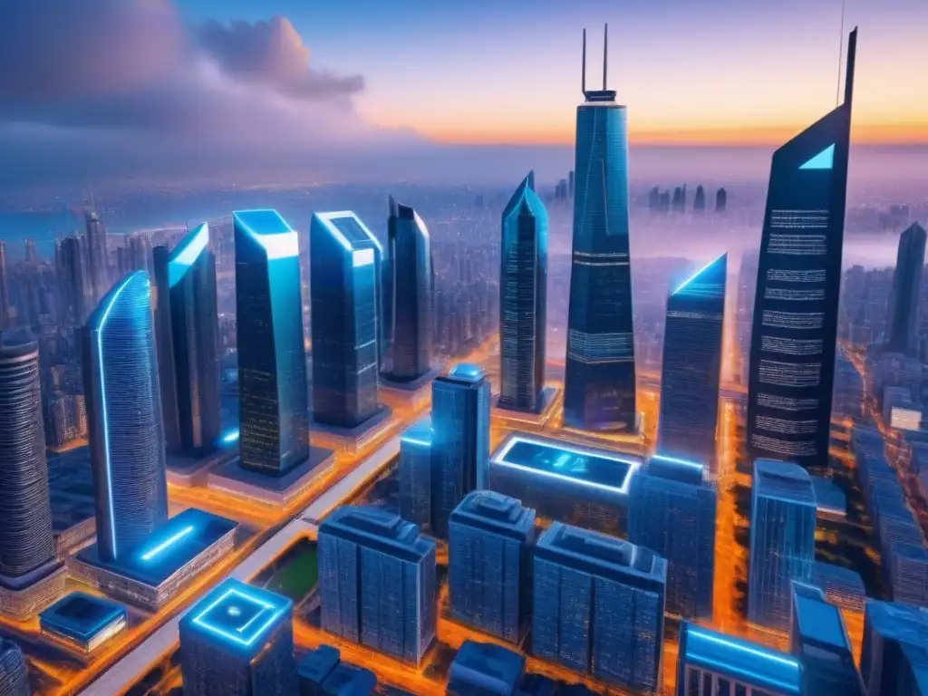 Skyline futurista con blockchain: inversión inmobiliaria en tiempo real Vista futurista de ciudad con Blockchain en inversión inmobiliaria internacional