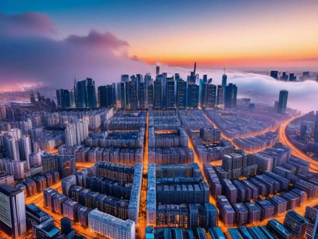 Metrópolis futurista con datos inmobiliarios en tiempo real Vista futurista de la ciudad con datos de mercado inmobiliario en tiempo real integrados