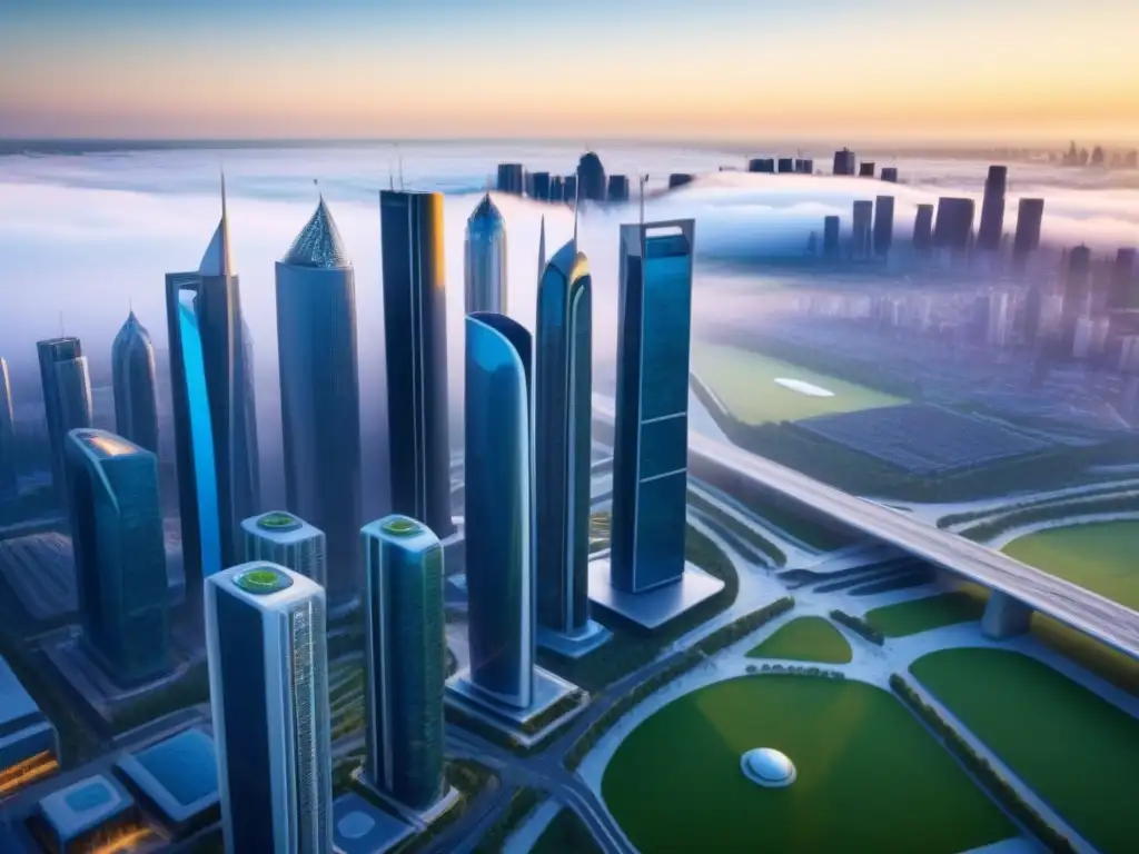 Metrópolis futurista: innovación urbana en crecimiento Vista futurista de una ciudad en desarrollo con rascacielos innovadores y transporte público avanzado