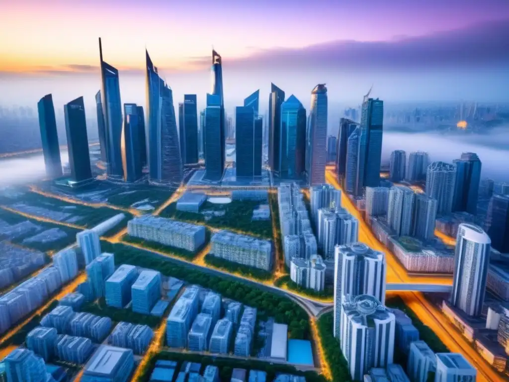 Metrópolis futurista en mercado emergente: progreso inmobiliario Vista futurista de una ciudad en desarrollo, con rascacielos modernos y transporte público eficiente