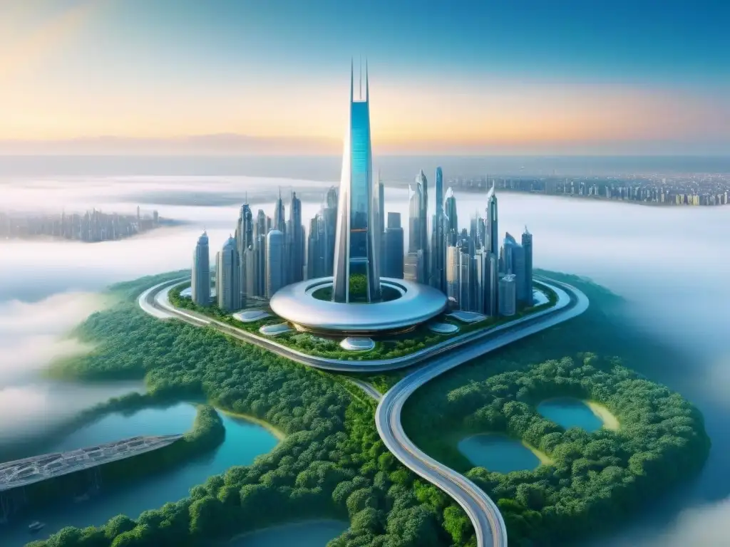 Metrópolis futurista: Dron AI mapeando terreno Vista futurista de ciudad con diseño arquitectónico avanzado y AI mapeando terreno