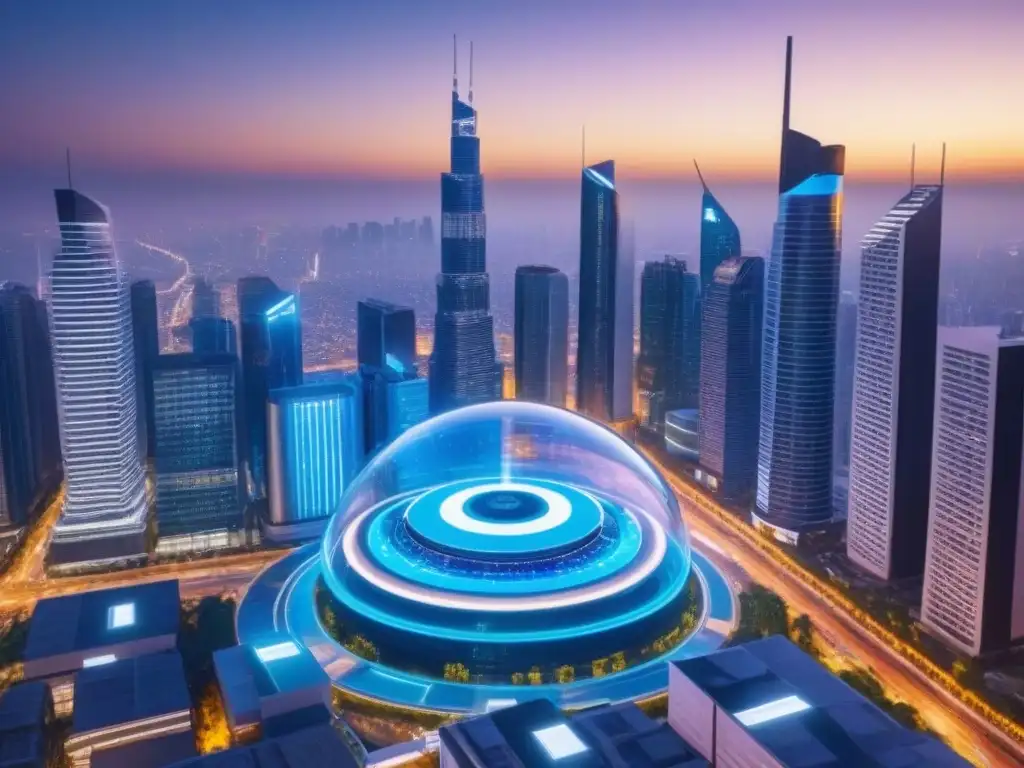 Vista futurista de la ciudad al anochecer, con drones AI analizando datos del mercado inmobiliario y proyectando gráficos holográficos