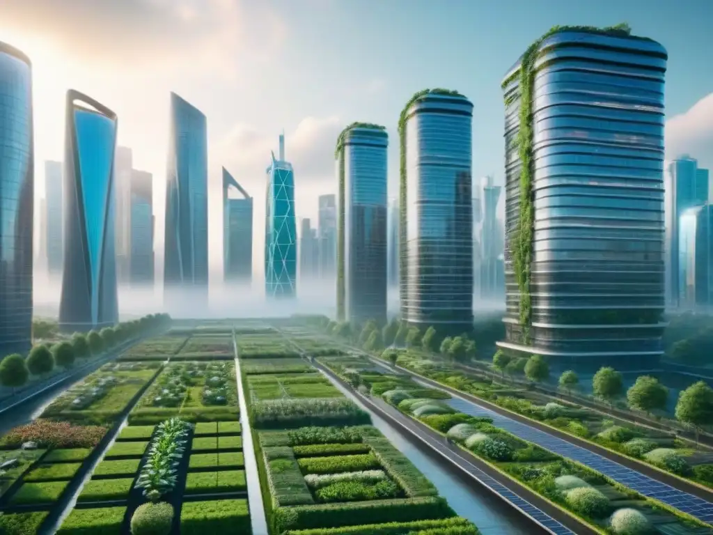 Metrópolis futurista: arquitectura eco y tecnología Vista futurista de ciudad ecoamigable con normativas ambientales mercado inmobiliario internacional