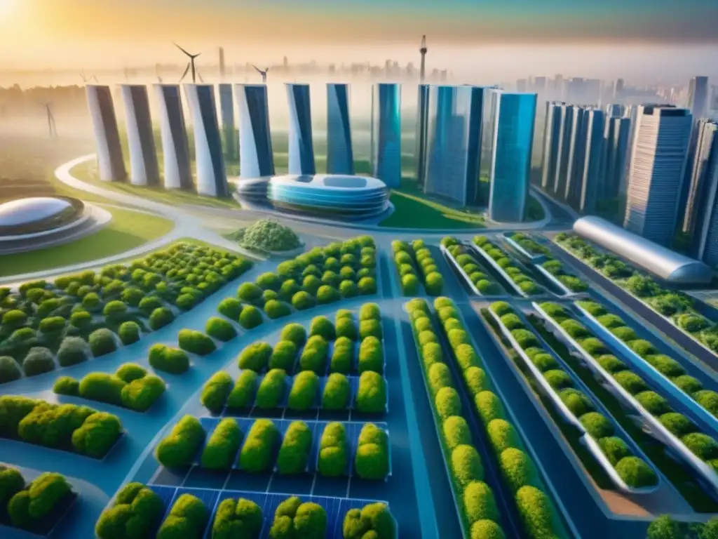 Metrópolis sostenible del futuro: tecnología verde y desarrollo urbano Vista futurista de la ciudad con edificios verdes y tecnología solar, destacando incentivos fiscales para propiedades verdes