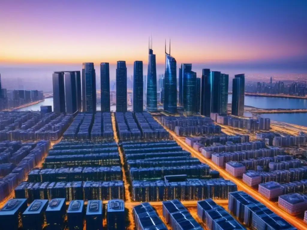 Horizonte futurista: edificios de alta tecnología al anochecer Vista futurista de una ciudad con edificios altos y pantallas digitales, mostrando tecnología en el mercado inmobiliario al anochecer
