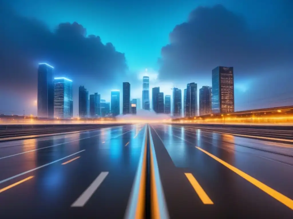 Metrópolis futurista blockchain: integración en bienes raíces Vista futurista de una ciudad con edificios transparentes integrando tecnología blockchain en transacciones inmobiliarias, con cerraduras digitales y datos brillantes conectando cada propiedad a una red segura