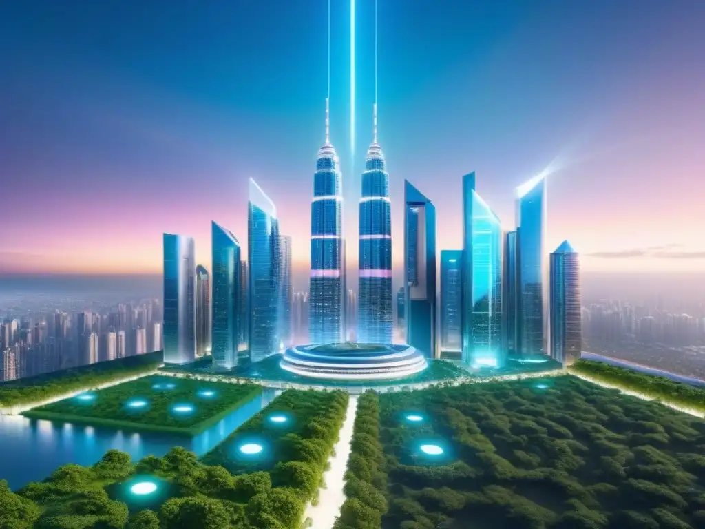 Metrópolis futurista: innovación inmobiliaria con PropTech Vista futurista de ciudad con edificios de vidrio reflectante, drones y proyecciones holográficas