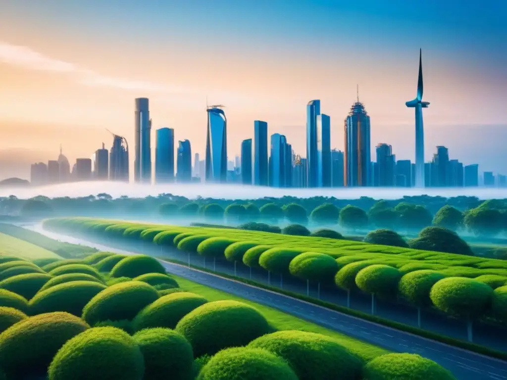 Metrópolis futurista: armonía urbana y sostenibilidad Vista futurista de ciudad con edificios sostenibles integrados con vegetación, energías renovables y personas en vehículos eléctricos