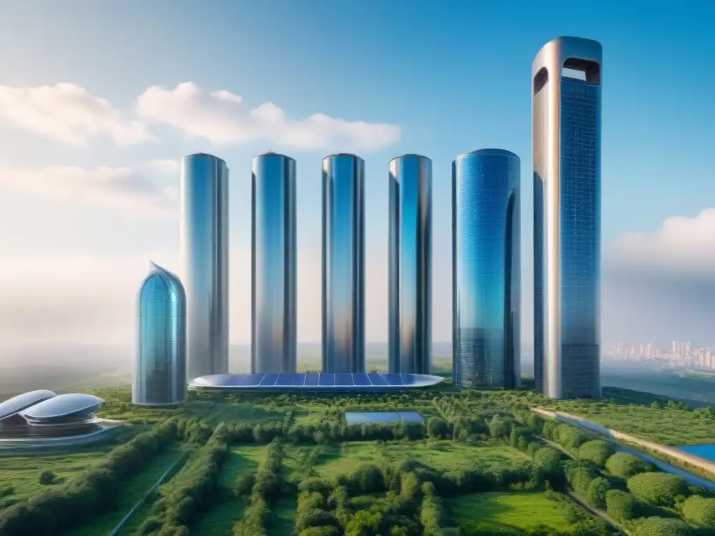 Metrópolis futurista: edificios ecológicos en un paisaje sostenible Vista futurista de una ciudad con edificios carbono negativo, inversión internacional