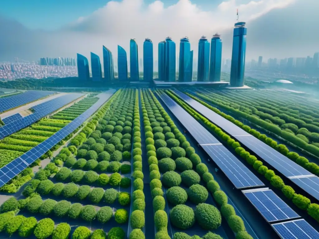 Visión futurista de una ciudad ecológica y sostenible Vista futurista de una ciudad ecológica con edificios verdes y paneles solares, reflejando innovación y sostenibilidad