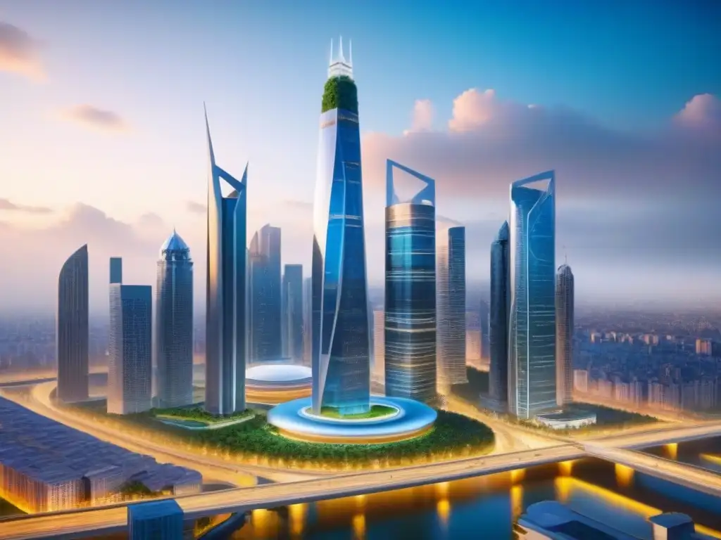 Horizonte futurista de una ciudad emergente: progreso y sostenibilidad Vista futurista de una ciudad emergente, reflejando progreso e innovación en el financiamiento de proyectos inmobiliarios en economías emergentes