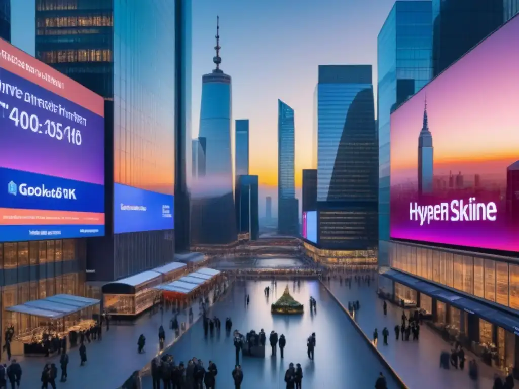 Distrito financiero futurista al atardecer: postBrexit Vista futurista de una ciudad financiera postBrexit con rascacielos, profesionales y predicciones mercado inmobiliario post-Brexit