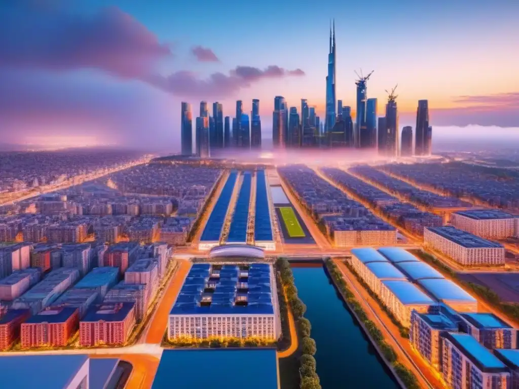 Metrópolis futurista en la frontera al atardecer Vista futurista de ciudad fronteriza internacional con desarrollo inmobiliario avanzado al anochecer