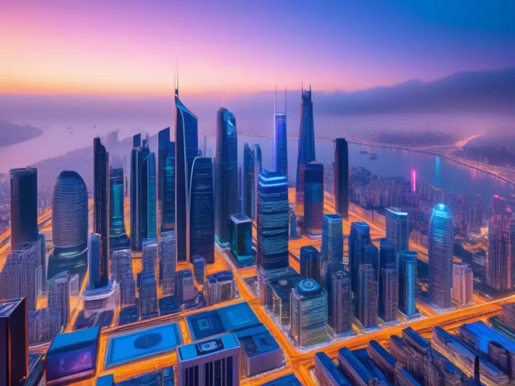 Metrópolis futurista: 5G transformando la ciudad al anochecer Vista futurista de una ciudad con tecnología 5G integrada en edificios modernos