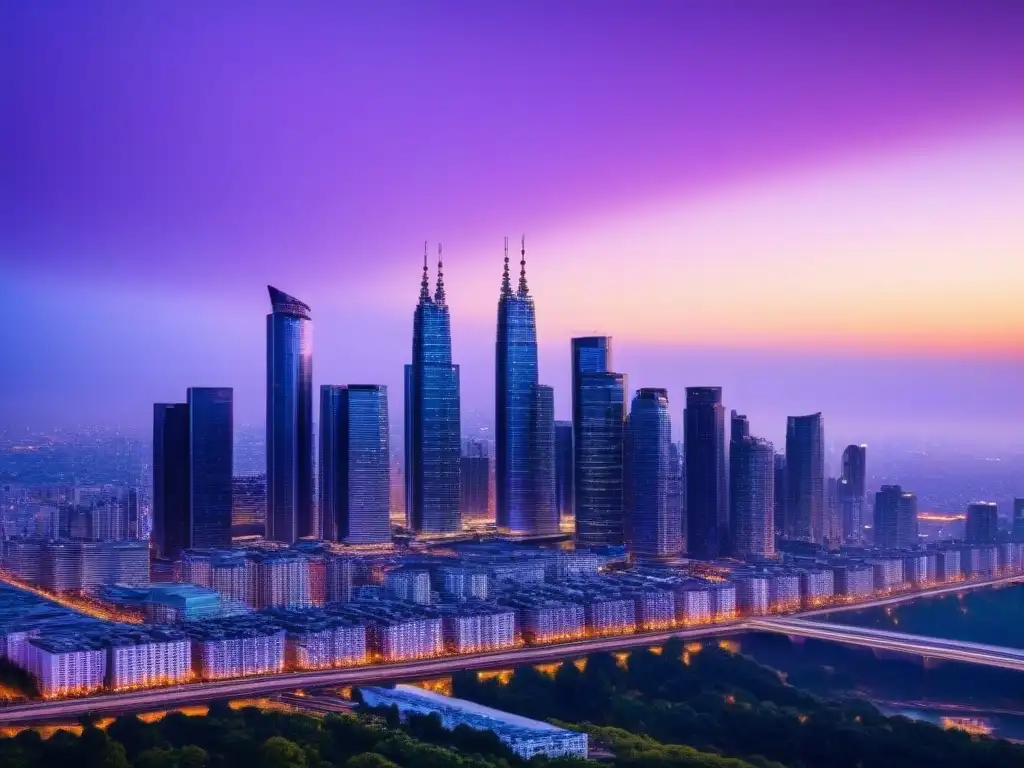 Horizonte futurista de una metrópolis global en atardecer Vista futurista de la ciudad global con rascacielos iluminados en atardecer púrpura y rosa