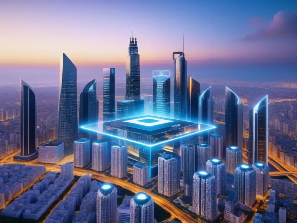 Metrópolis digital: real estate futurista en 8k Vista futurista de una ciudad con hologramas y marketing digital en mercado inmobiliario