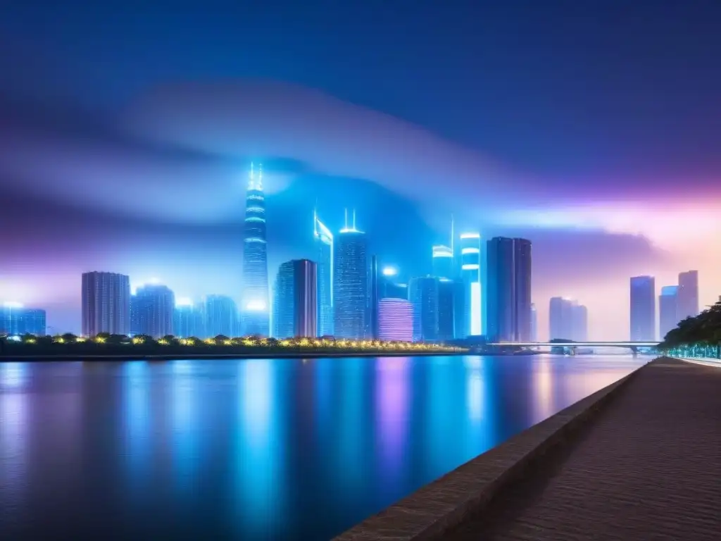 Espectacular ciudad futurista iluminada con luces neón Vista futurista de una ciudad iluminada por luces neón, reflejándose en un río