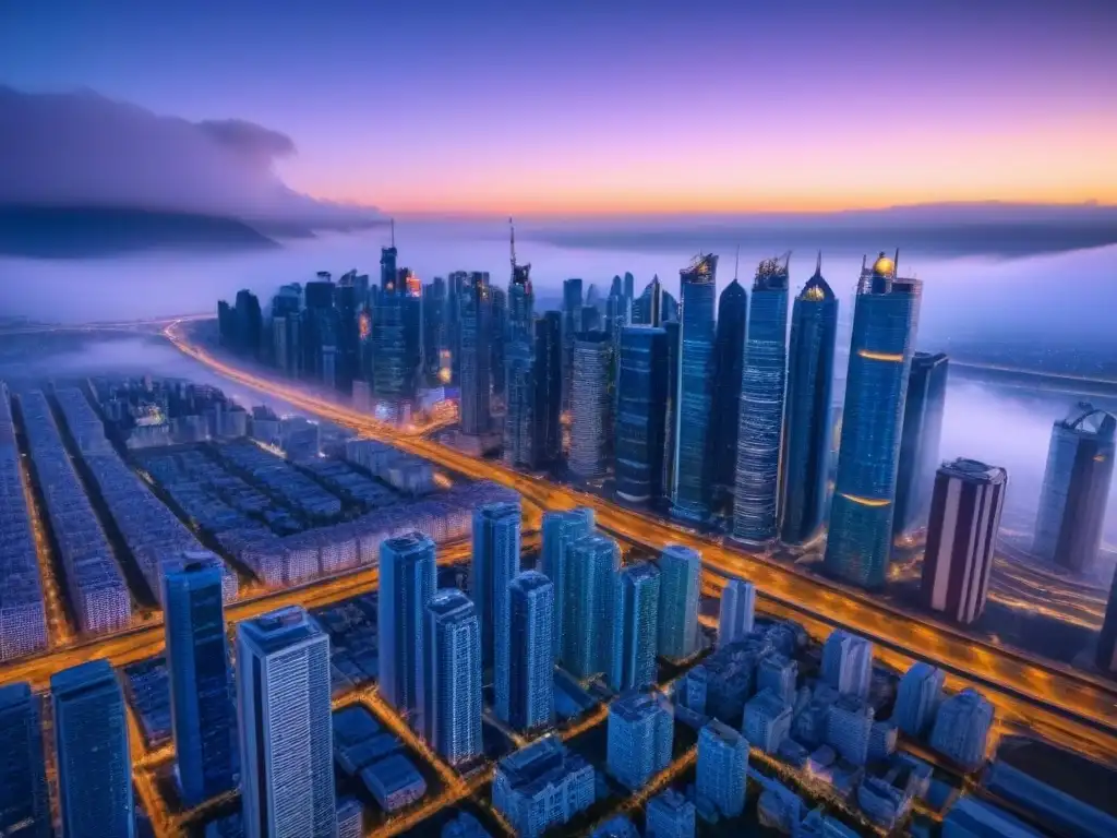 Metrópolis futurista: edificios inteligentes y seguridad avanzada Vista futurista de una ciudad al anochecer, resaltando la importancia de los sistemas de gestión de edificios inteligentes