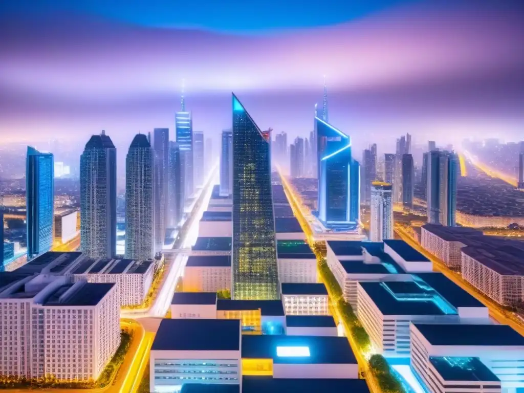 Skyline blockchain: innovación en transacciones inmobiliarias Vista futurista de la ciudad con integración de tecnología blockchain en financiamiento inmobiliario internacional