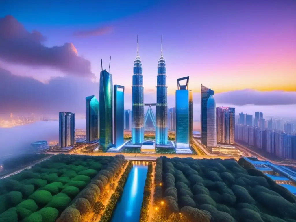 Cityscape futurista: Integración tecnológica y natural en blockchain Vista futurista de una ciudad integrada con la naturaleza, reflejando la innovación de invertir en bienes raíces blockchain