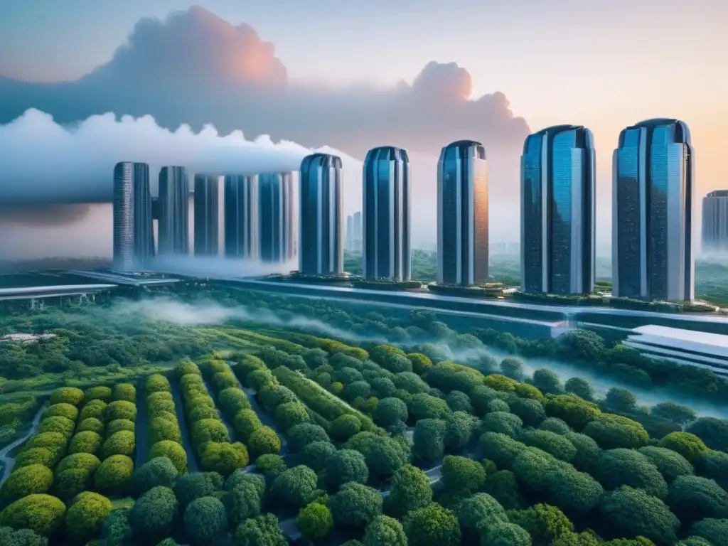 Futurismo urbano sostenible: IA en valoración inmobiliaria Vista futurista de ciudad con inteligencia artificial en valoración inmobiliaria, integrando tecnología y naturaleza