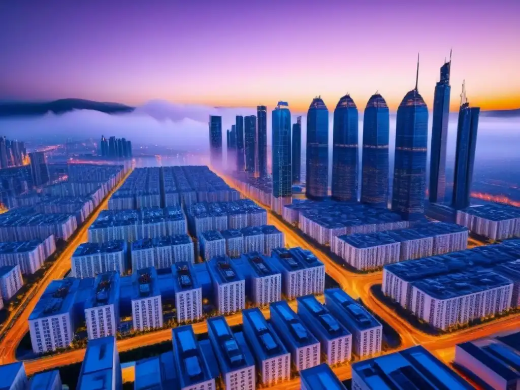Metrópolis futurista: skyline iluminado con luces vibrantes Vista futurista de una ciudad inteligente al anochecer, llena de rascacielos iluminados con luces vibrantes