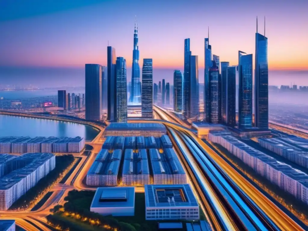 Metrópolis Futurista: Rascacielos en 8k Vista futurista de una ciudad llena de rascacielos de vidrio y acero, iluminada por luces neón
