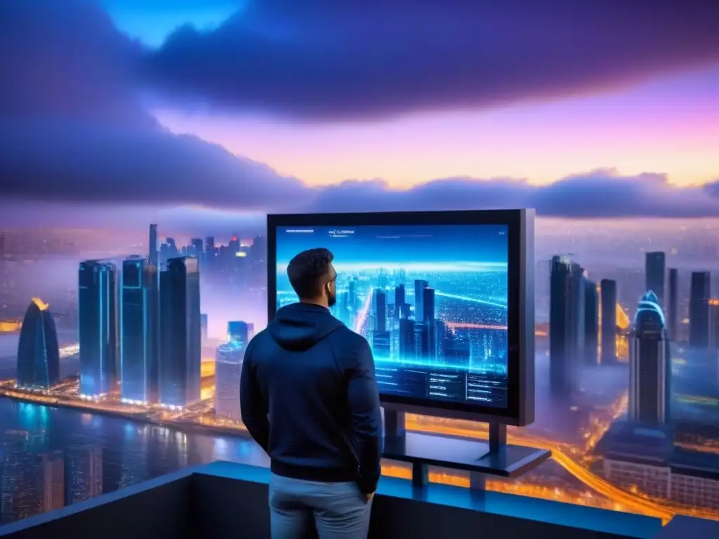 Horizonte futurista: luces neón y datos financieros globales Vista futurista de la ciudad al anochecer con luces neón y datos financieros, simbolizando las oportunidades de las regulaciones fiscales internacionales para inversores globales