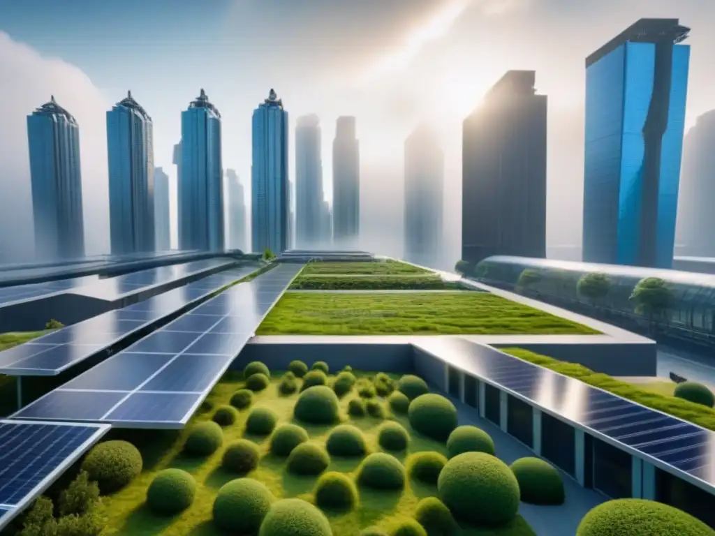 Metrópolis futurista: edificios autosanadores y diseño sostenible Vista futurista de ciudad con materiales autoreparables en el mercado inmobiliario