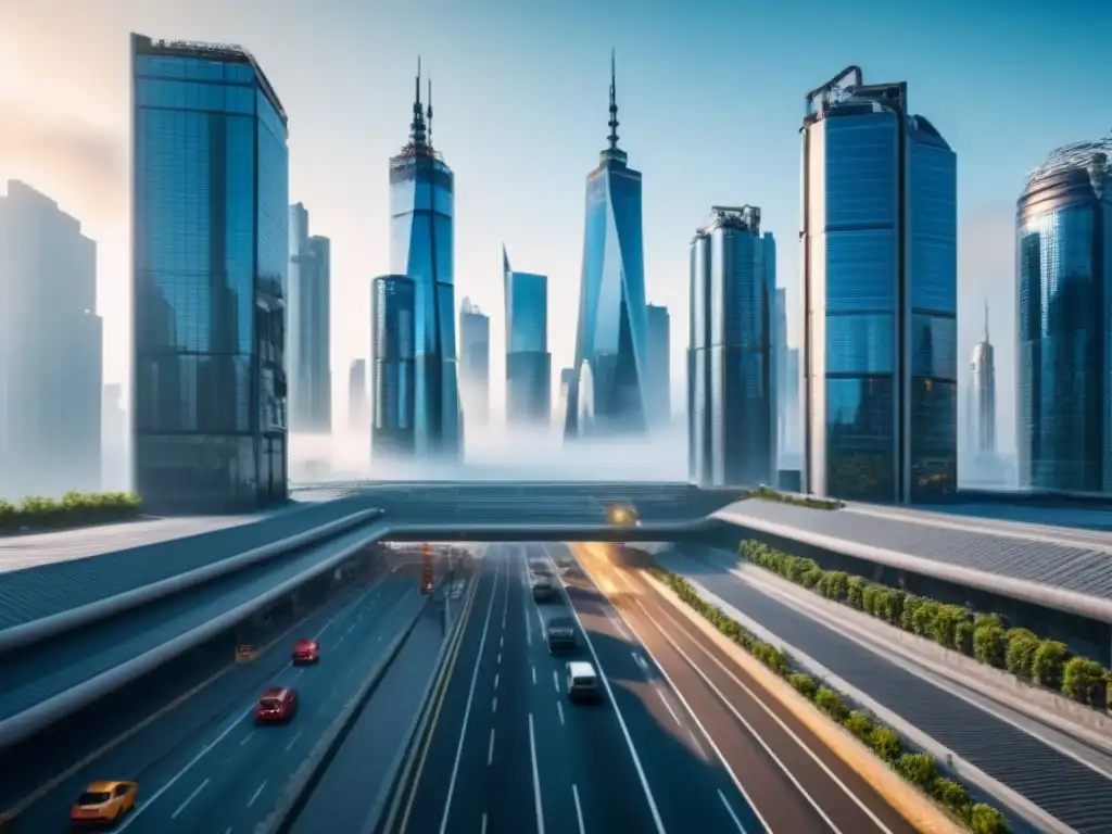 Metrópolis del futuro: edificios autoreparándose en 8k Vista futurista de ciudad con materiales autoreparables en el mercado inmobiliario