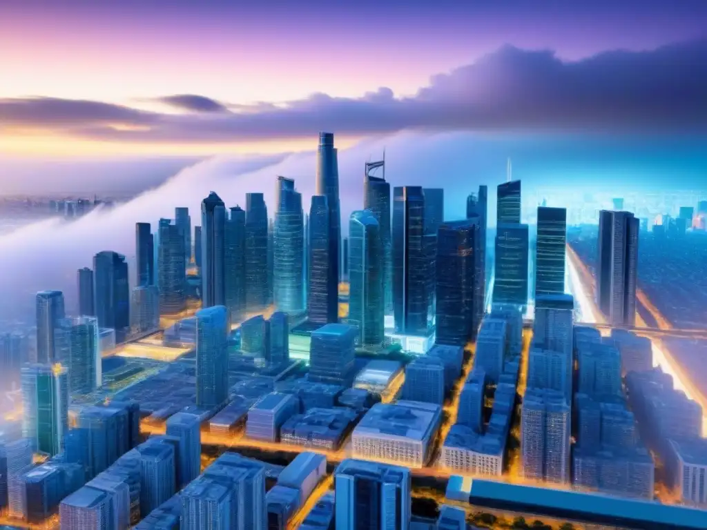 Metrópolis Futurista: Análisis de Datos para Inversiones Inmobiliarias Vista futurista de ciudad con Big Data en mercado inmobiliario