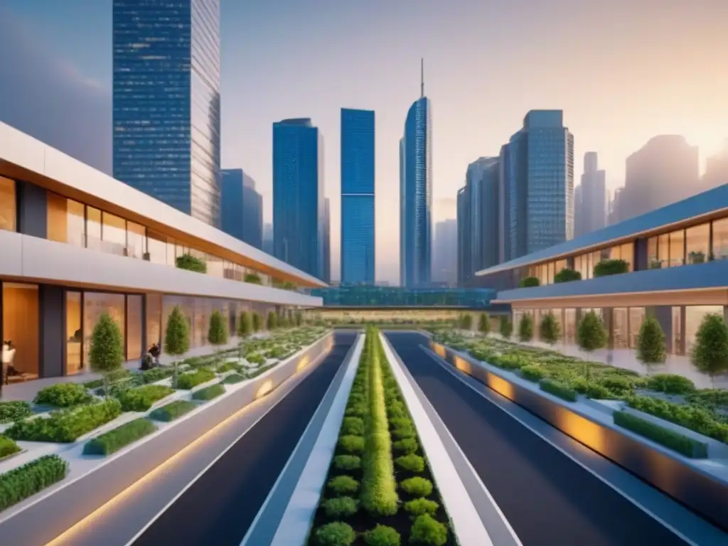 Metrópolis sostenible del futuro: edificios verdes y movilidad eco Vista futurista de ciudad moderna con normativas ambientales mercado inmobiliario internacional