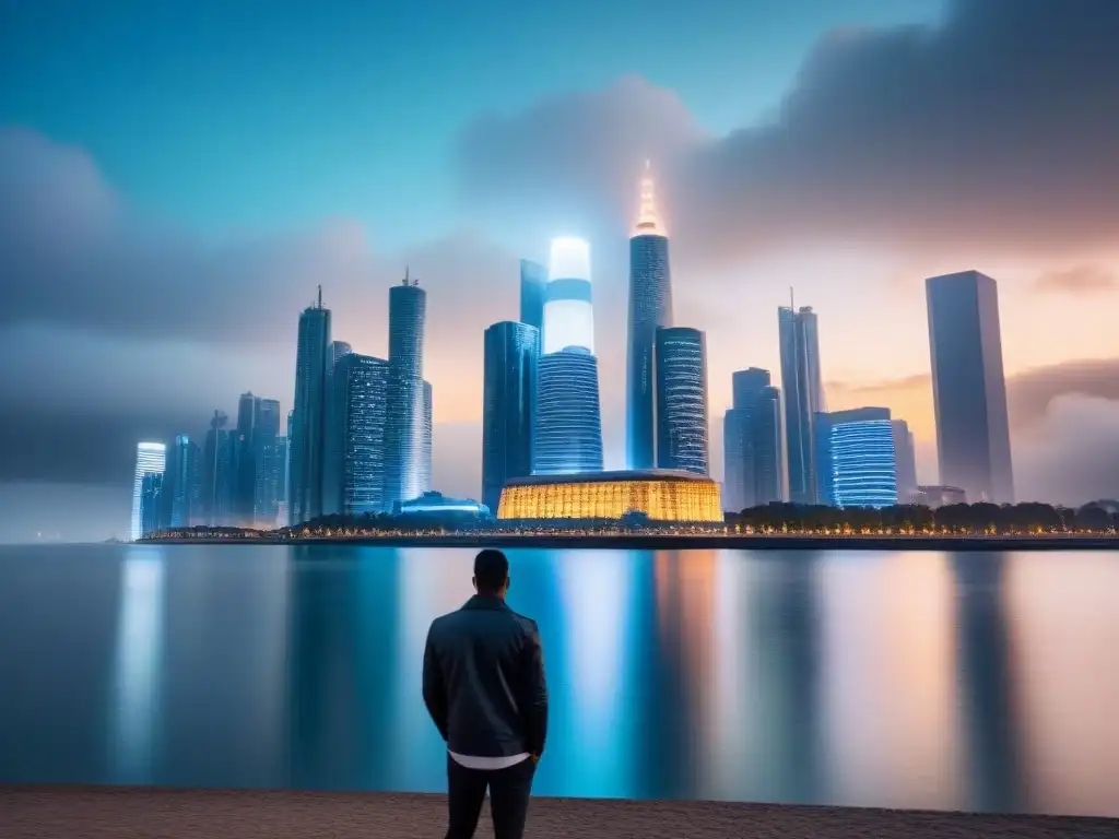 Metrópolis futurista: arquitectura y tecnología en el mundo global Vista futurista de la ciudad de noche, con rascacielos iluminados reflejándose en el agua, simbolizando la conexión entre el mercado inmobiliario internacional y las redes sociales