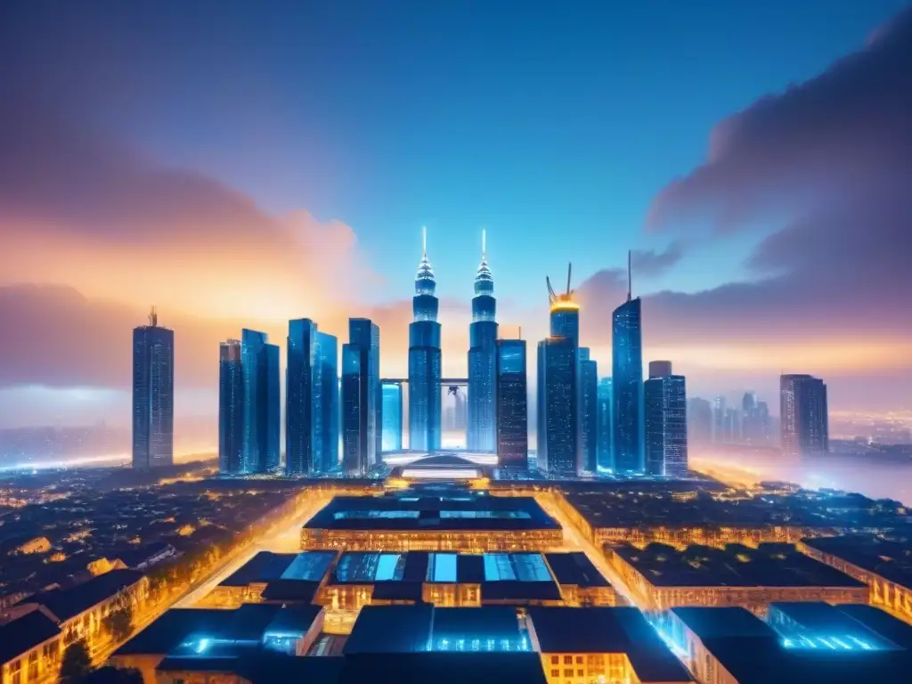 Blockchain en el futuro de la industria inmobiliaria Vista futurista de una ciudad con nodos blockchain sobre edificios, fusionando la tecnología blockchain en mercado inmobiliario internacional