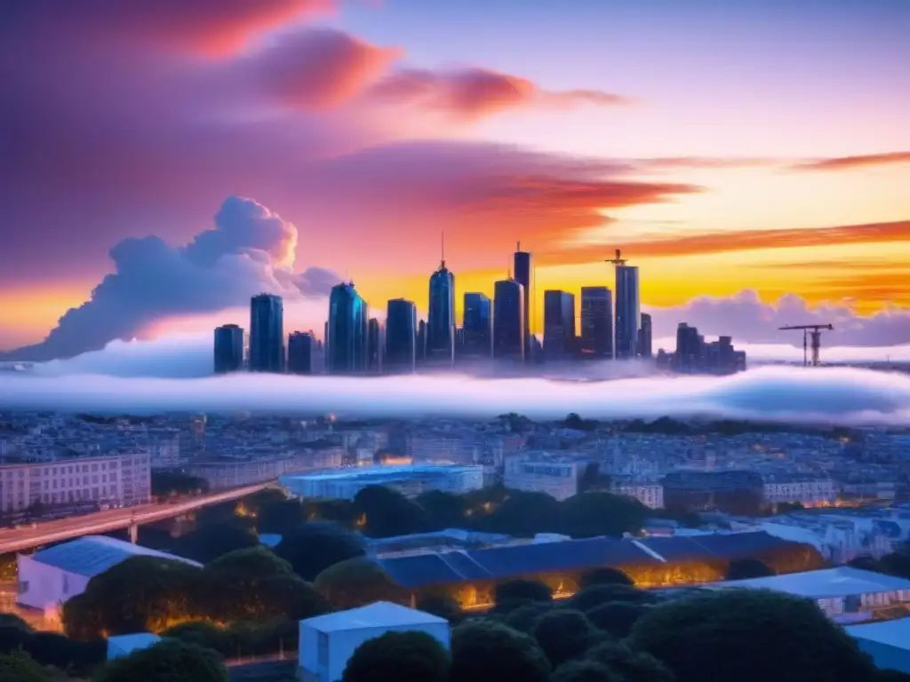 Horizonte futurista: ciudad en la nube al atardecer Vista futurista de ciudad con plataformas gestión propiedades nube inmobiliaria