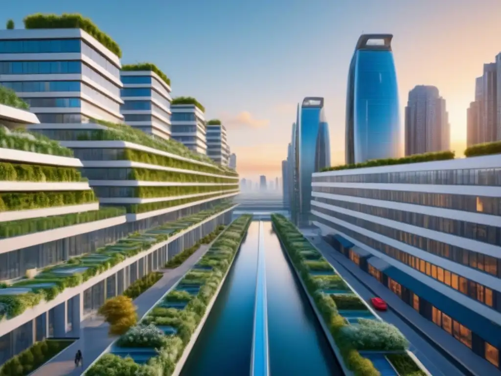Metrópolis futurista: innovación y sostenibilidad en la ciudad del mañana Vista futurista de ciudad con políticas innovadoras vivienda, rascacielos verdes y transporte sostenible