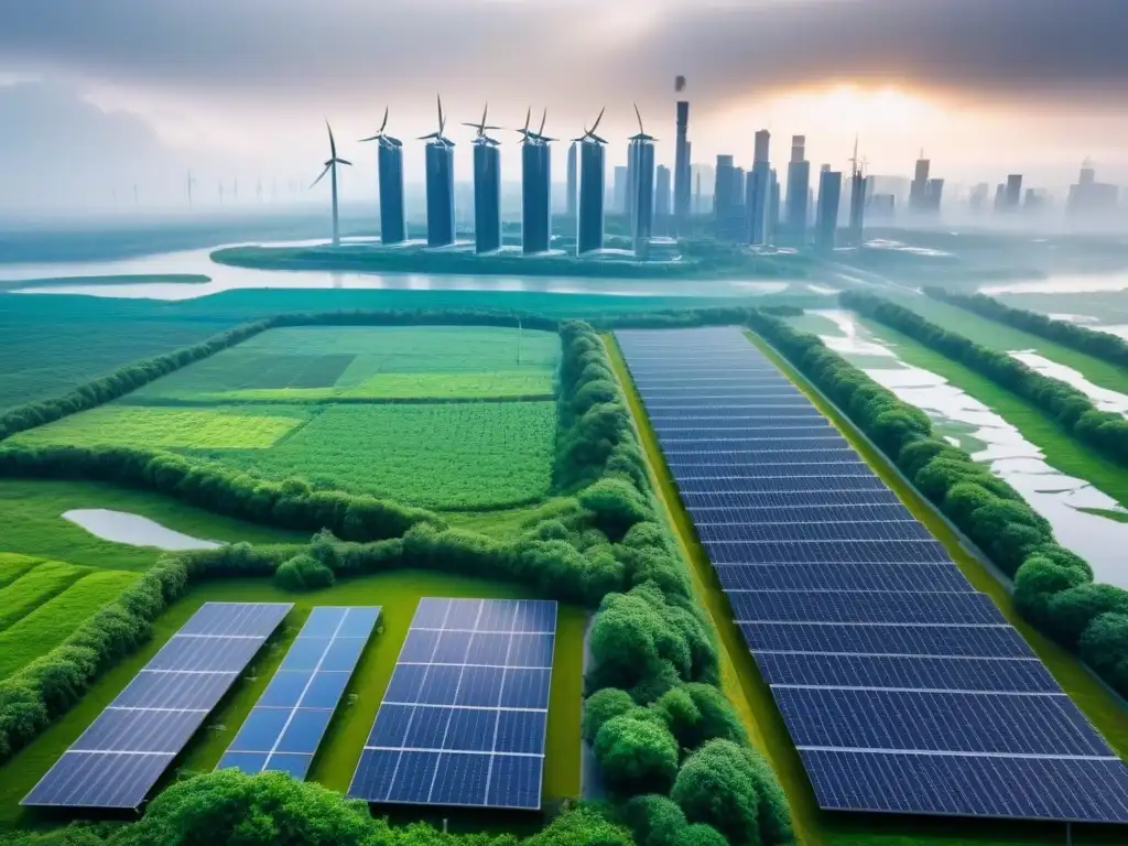 Metrópolis futurista: edificios verdes innovadores tras desastre natural Vista futurista de ciudad postdesastre climático con edificios verdes, solar y eólica, simbolizando inversión inmobiliaria postdesastre climático