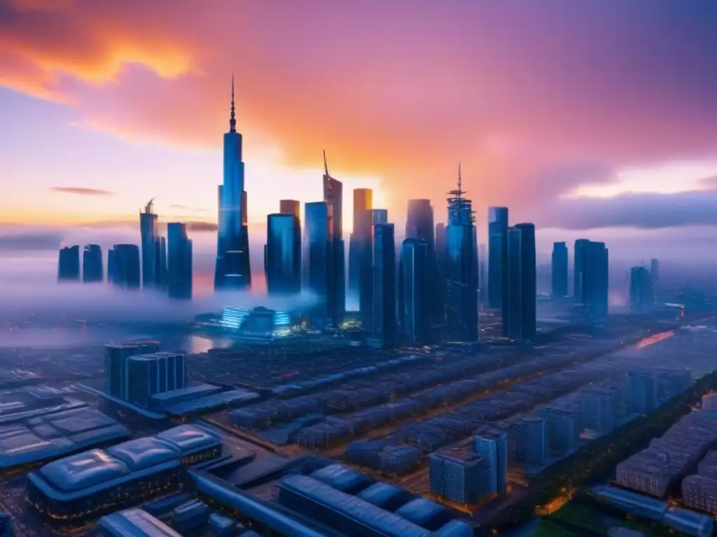 Metrópolis futurista al atardecer: detalle en 8k Vista futurista de ciudad: rascacielos modernos contrastan con atardecer, reflejando impacto envejecimiento poblacional mercado inmobiliario