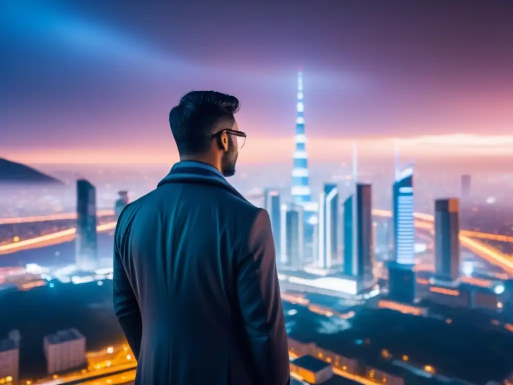 Metrópolis futurista: Transformación inmobiliaria con tecnología blockchain Vista futurista de la ciudad con rascacielos conectados por cadenas de blockchain brillantes, simbolizando la transformación del mercado inmobiliario a través de aplicaciones blockchain