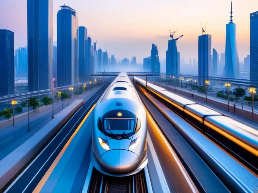 Metrópolis futurista al anochecer con tren de alta velocidad Vista futurista de la ciudad al anochecer, con rascacielos elegantes y tren de alta velocidad, evocando innovación y progreso en el mercado inmobiliario