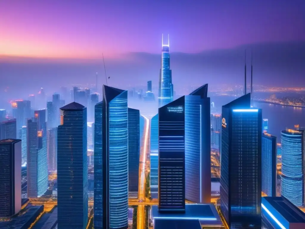Skyline futurista con criptomonedas en tiempo real y blockchain Vista futurista de ciudad al anochecer con rascacielos mostrando datos de mercado de criptomonedas