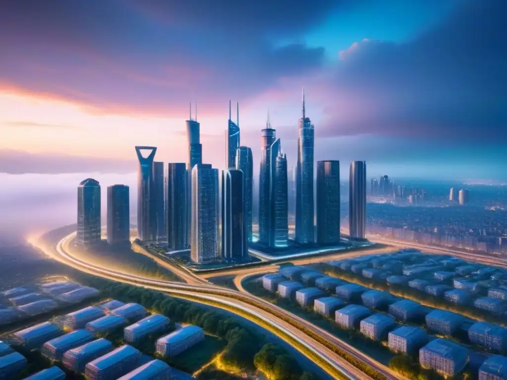 Visión futurista: ciudad nocturna ultra detallada en 8k Vista futurista de la ciudad al anochecer, destacando rascacielos iluminados y sistemas de transporte avanzados