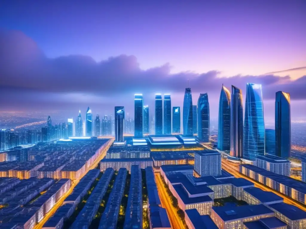 Metrópolis futurista: integración de fintech en bienes raíces Vista futurista de la ciudad con rascacielos y pantallas digitales, reflejando la integración de Financiamiento residencial fintech internacional