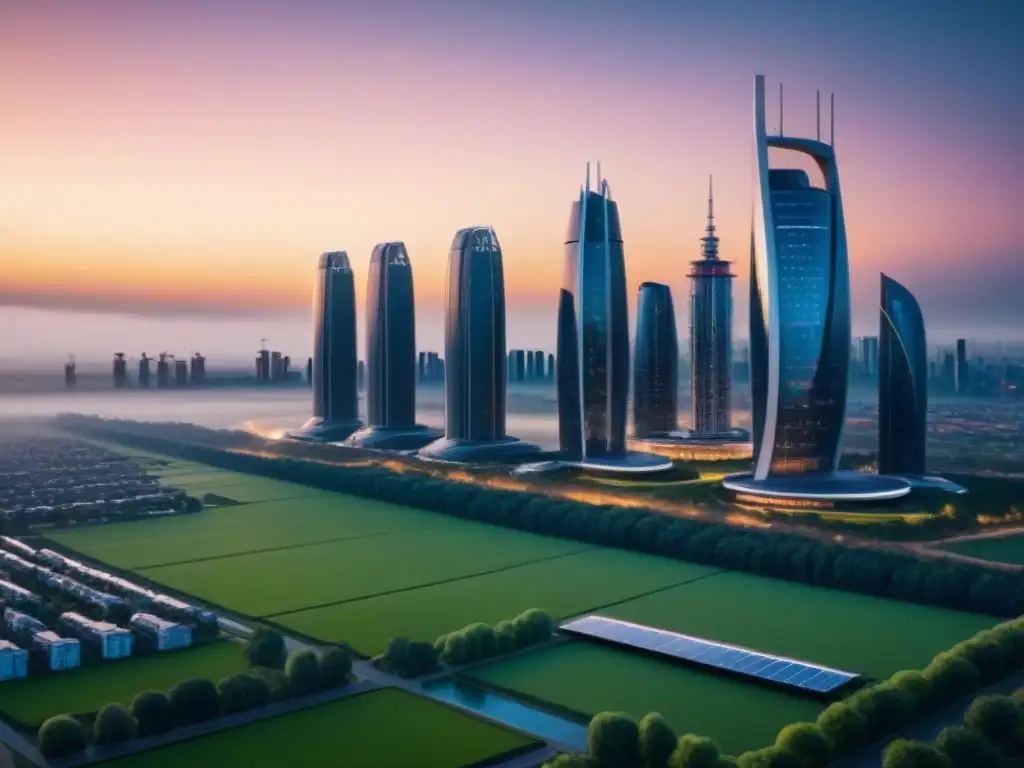 Futurismo urbano: innovación y sostenibilidad en arquitectura Vista futurista de una ciudad con rascacielos innovadores integrados con tecnología verde y energías renovables al atardecer