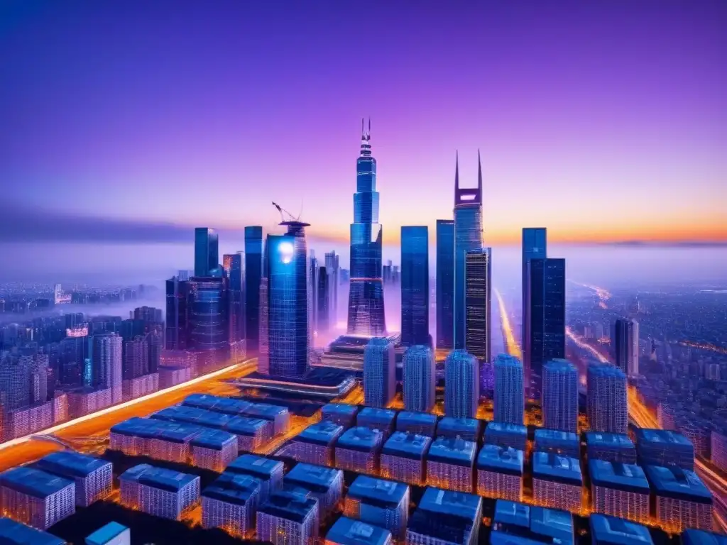 Vista futurista de una ciudad con rascacielos y pantallas digitales, tokenización activos inmobiliarios inversión global