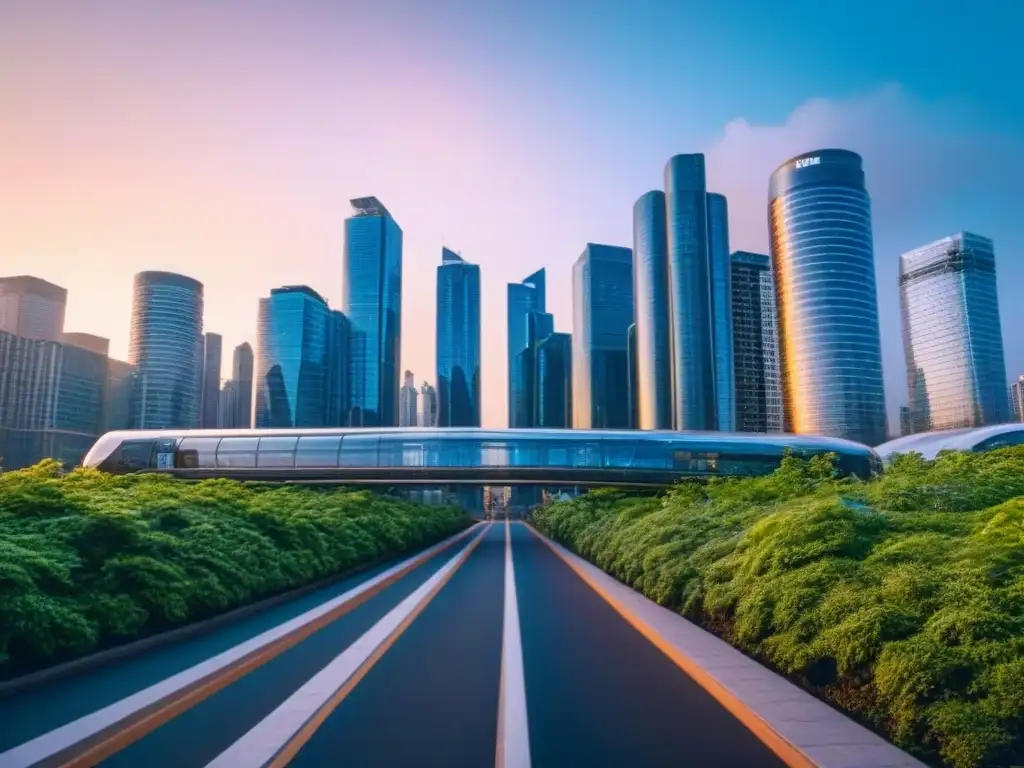 Metrópolis futurista al atardecer: diversidad y modernidad en Canadá Vista futurista de una ciudad con rascacielos, puentes y vegetación, iluminada al anochecer