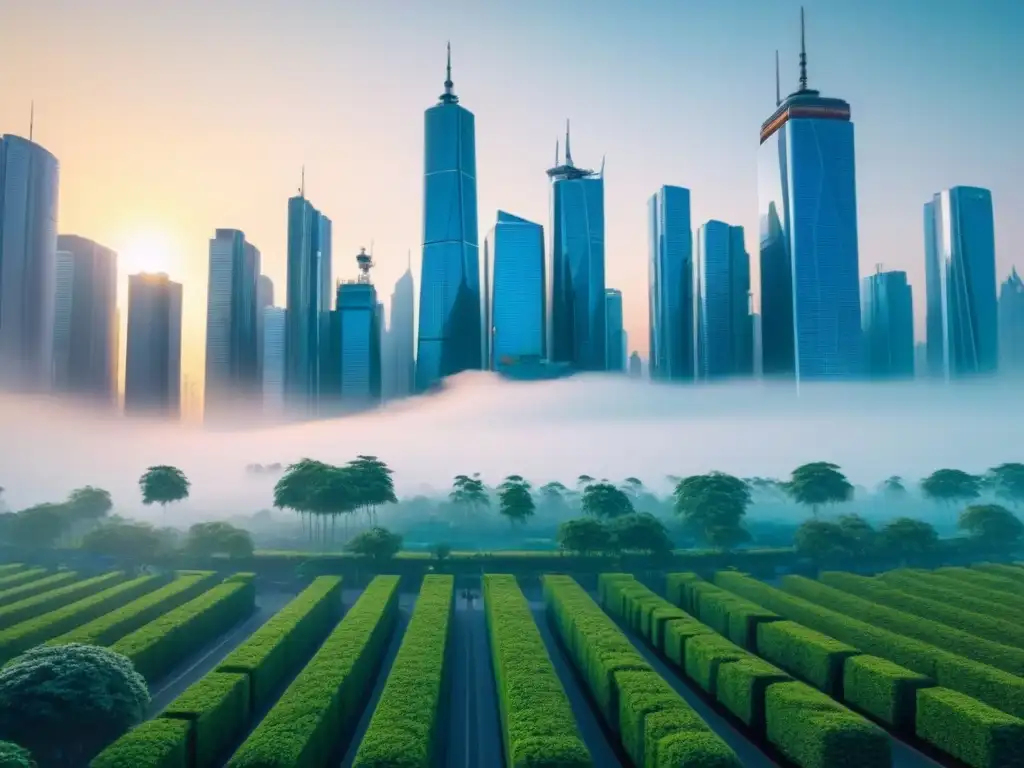 Metrópolis futurista: skyline moderno bañado por el atardecer Vista futurista de la ciudad con rascacielos innovadores y vegetación exuberante al atardecer