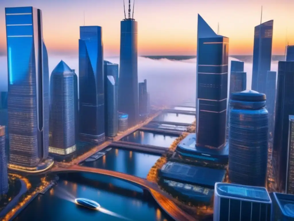 Avanzada ciudad futurista al anochecer Vista futurista de una ciudad al anochecer con rascacielos tecnológicos y vehículos autónomos