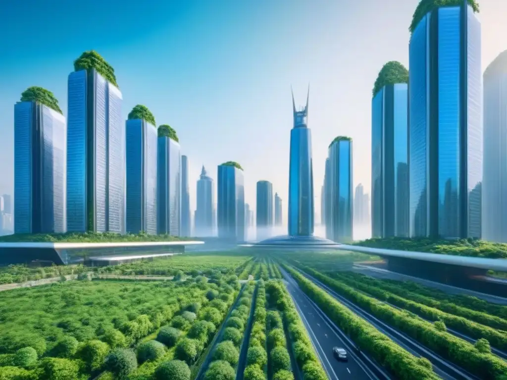 Metrópolis futurista: arquitectura avanzada y naturaleza en armonía Vista futurista de ciudad con rascacielos tecnológicos integrados en entorno natural