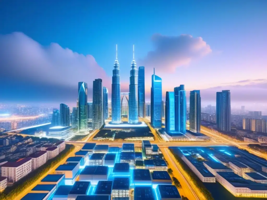 Metrópolis futurista: rascacielos modernos conectados por blockchain Vista futurista de una ciudad con rascacielos interconectados por líneas de tecnología blockchain, reflejando la integración de la Tecnología Blockchain en mercado inmobiliario